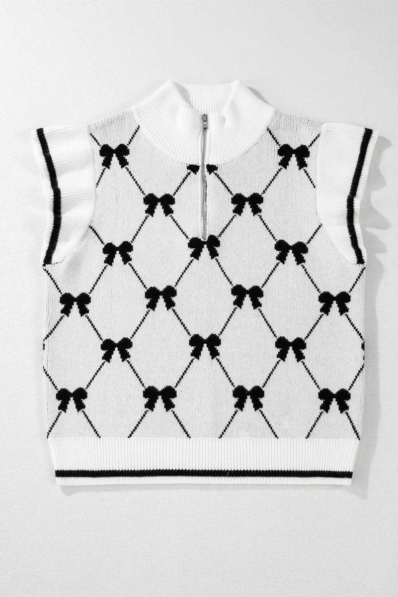 Chic Black Bow Print Zipped Collar Short Sleeve Sweater Tee - Love Salve